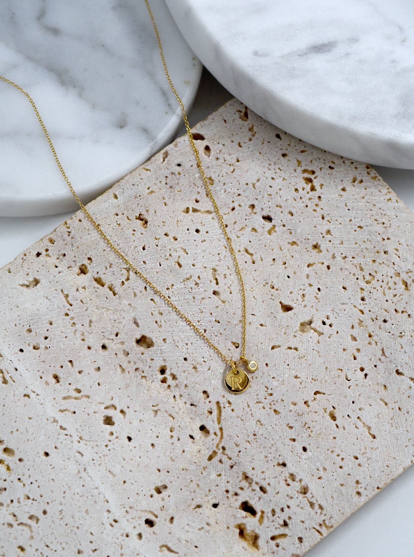 18k Gold Initial Disc with Diamond Charm Necklace