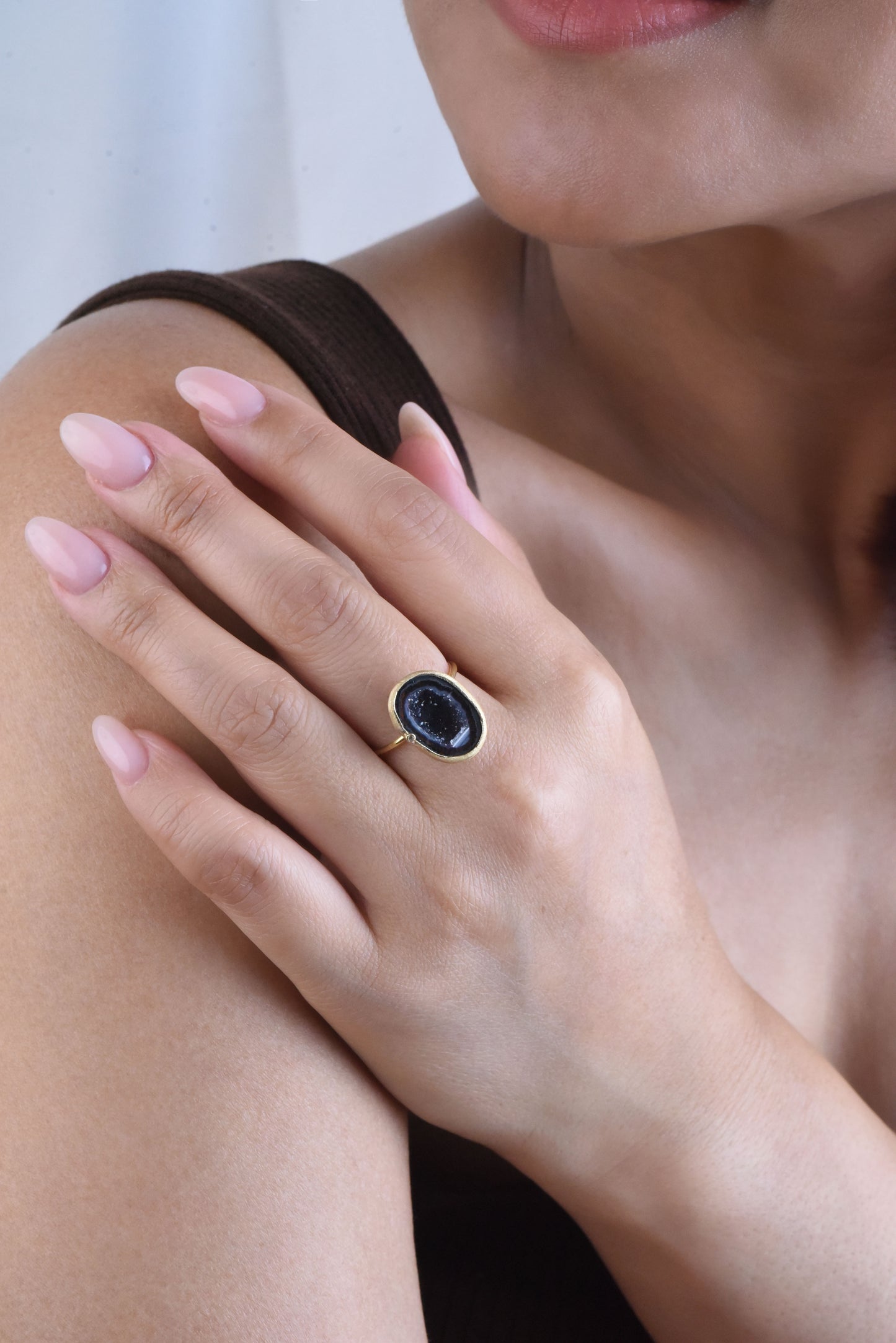 18k Solid Gold Natural Geode Ring with Diamond