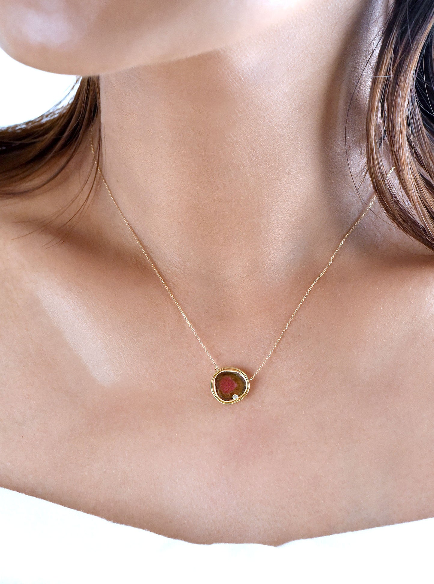18K Gold Watermelon Tourmaline Necklace with Diamond