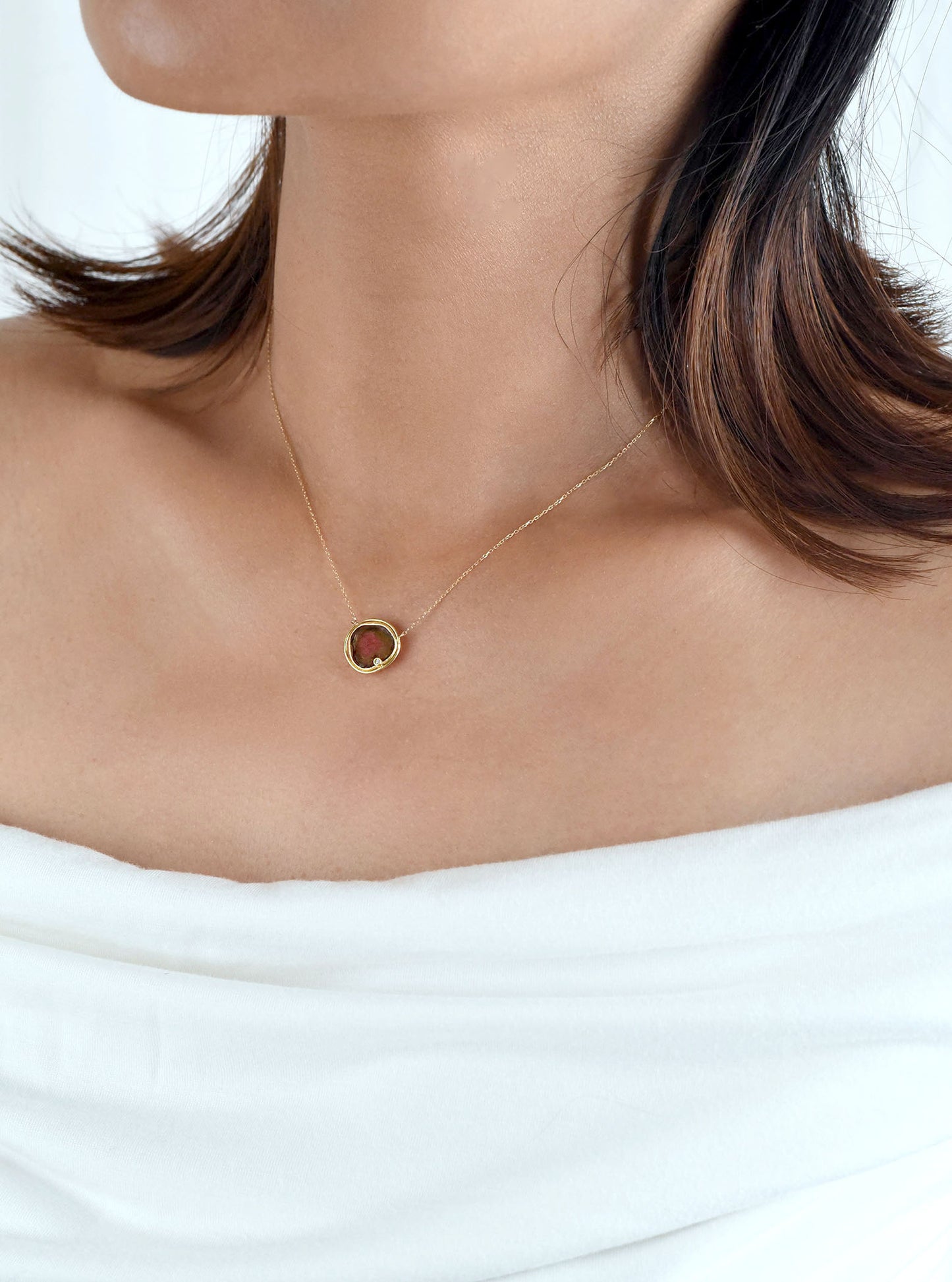 18K Gold Watermelon Tourmaline Necklace with Diamond
