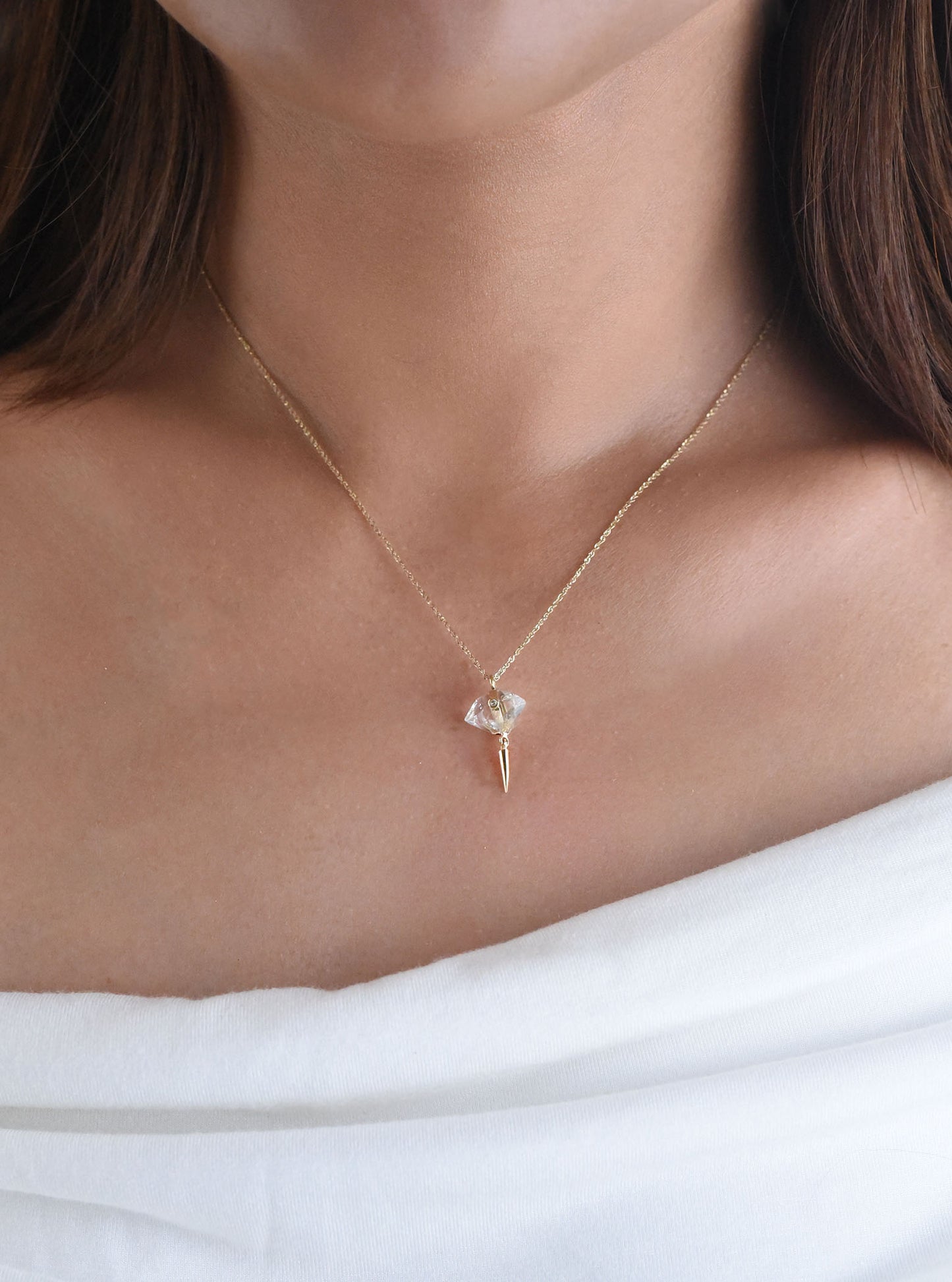 18K Gold Drop Herkimer Necklace with Diamond