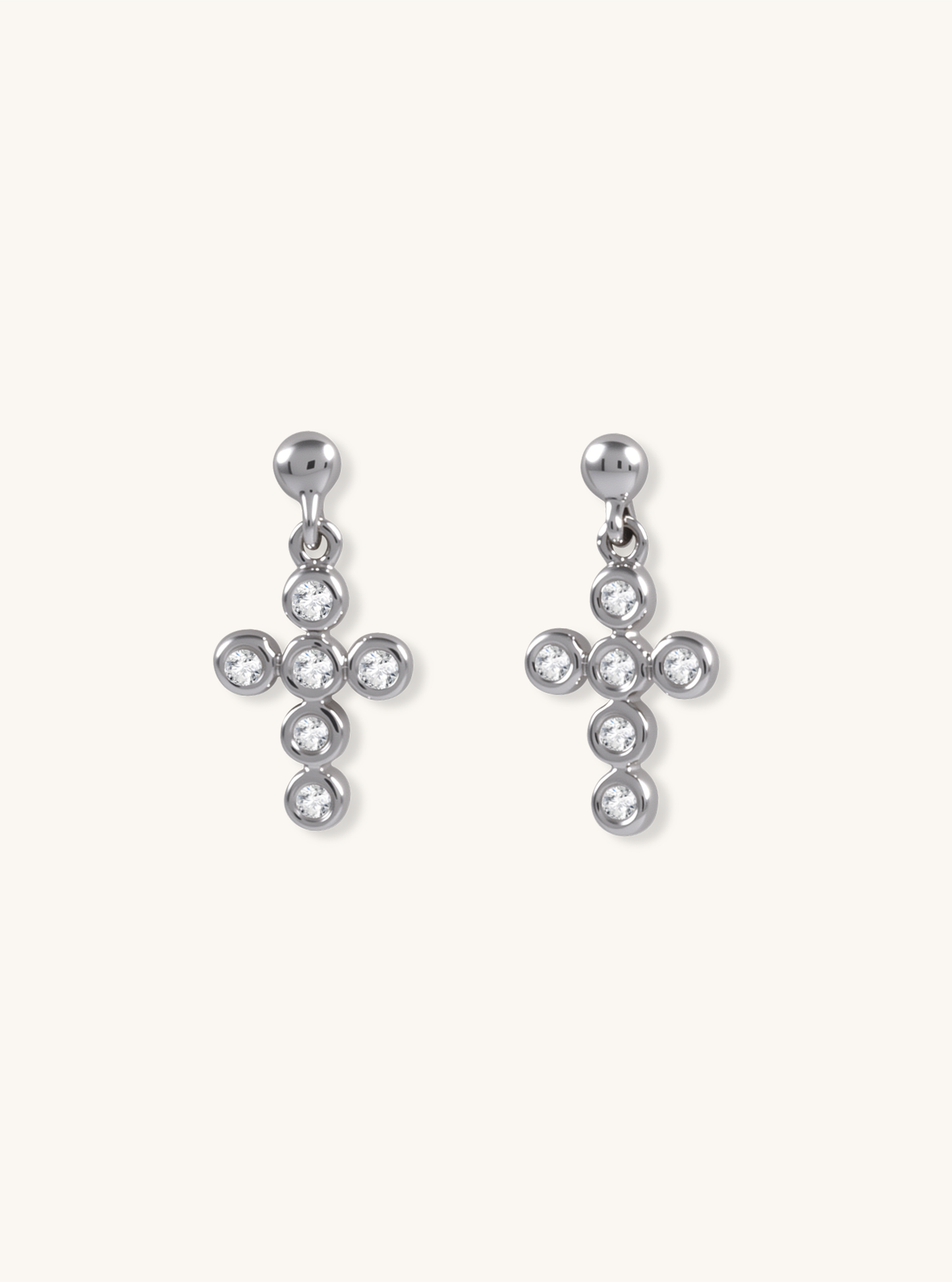 18k Solid White Gold Bubble Cross Diamond Earring
