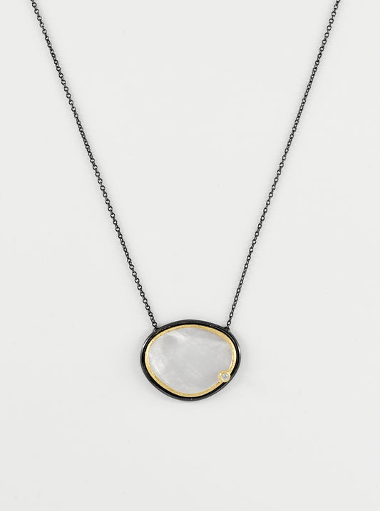Egg Shape Mother of Pearl with CZ Necklace.