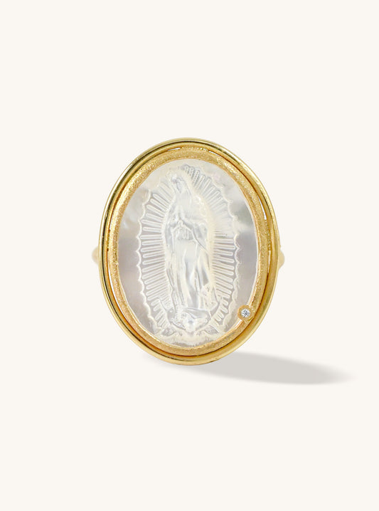 Lady Guadalupe Carved Mother of Pearl Ring