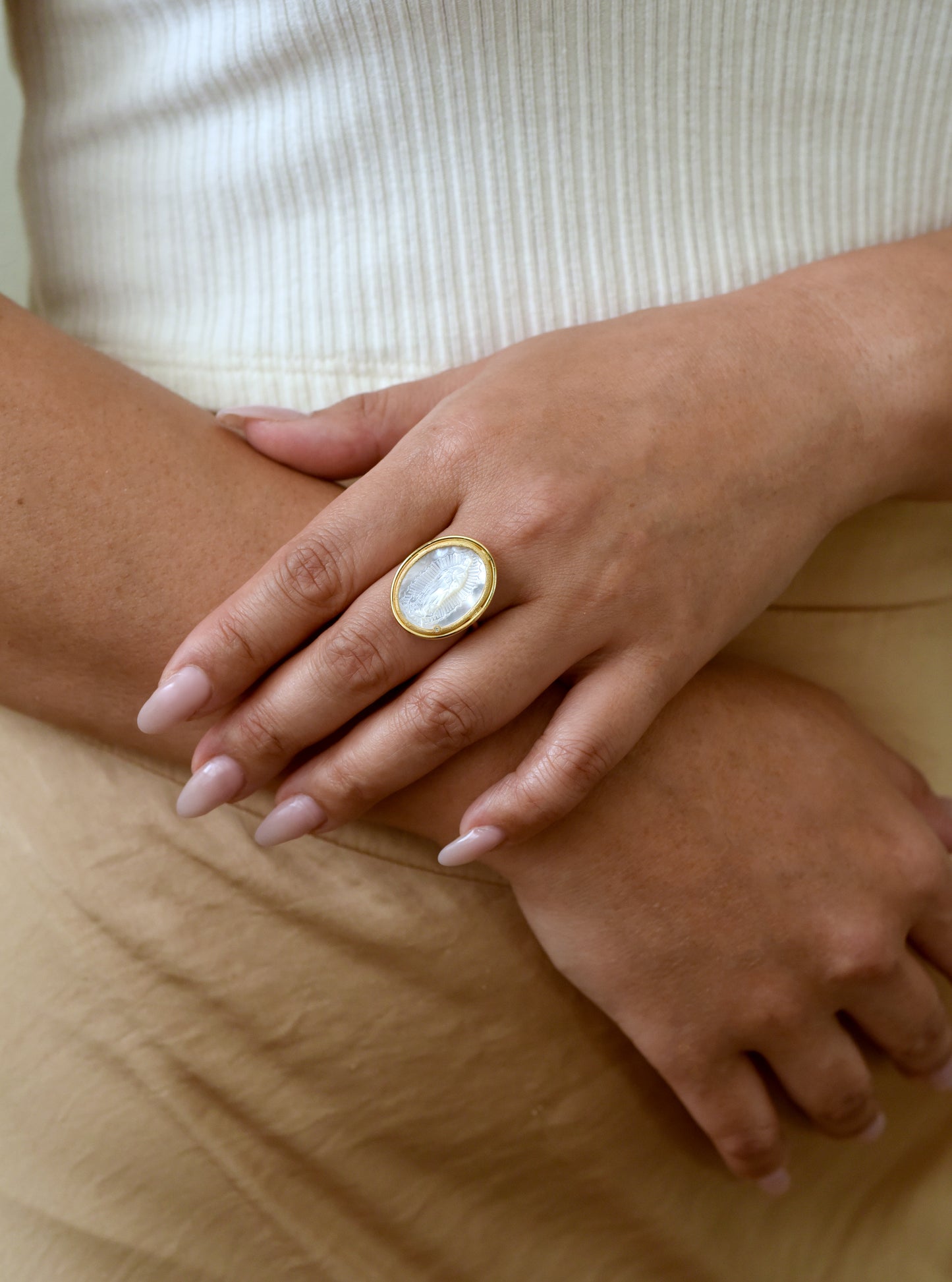 Lady Guadalupe Carved Mother of Pearl Ring