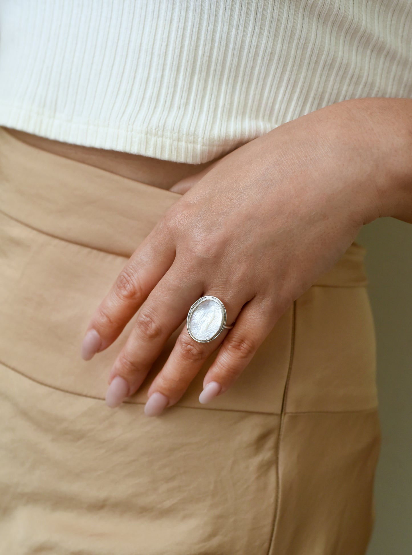 Lady Guadalupe Carved Mother of Pearl Ring