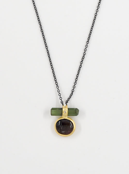 Double Tourmaline Horizontal Bar With Diamond Necklace