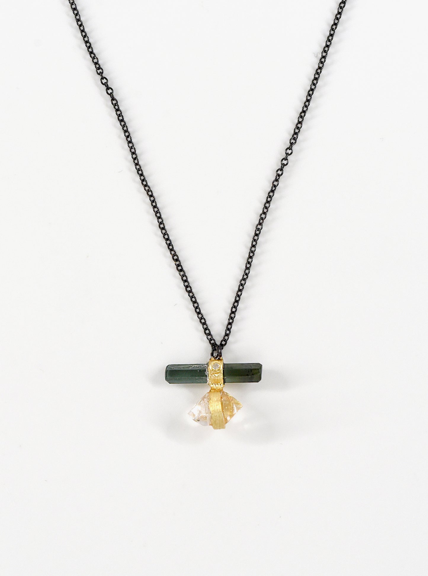 Tourmaline Bar Attached Ponit Herkimer Quartz with Diamond Necklace
