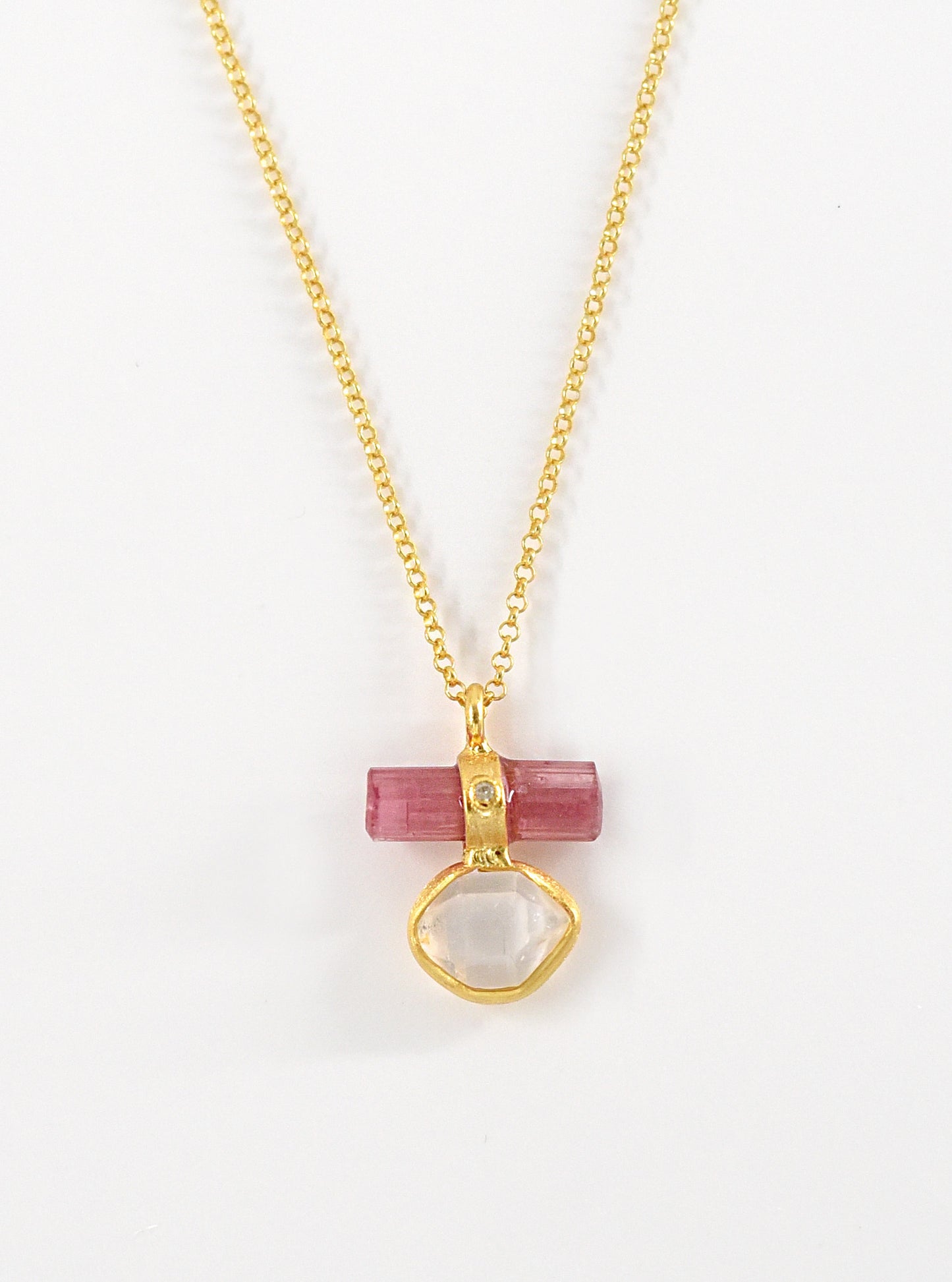 Tourmaline Bar Attached Herkimer Quartz with Diamond Necklace