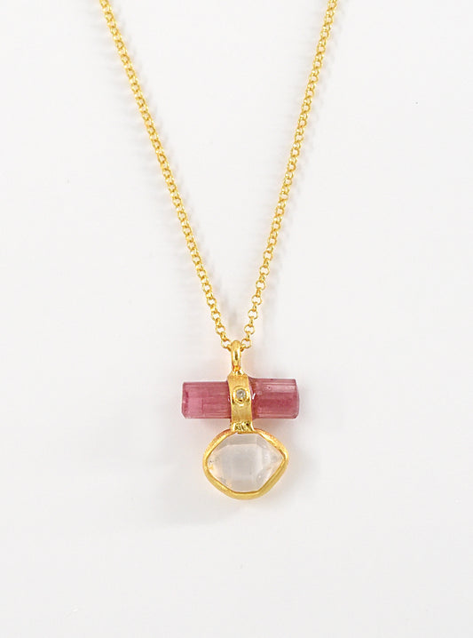 Tourmaline Bar Attached  Herkimer Quartz with Diamond Necklace