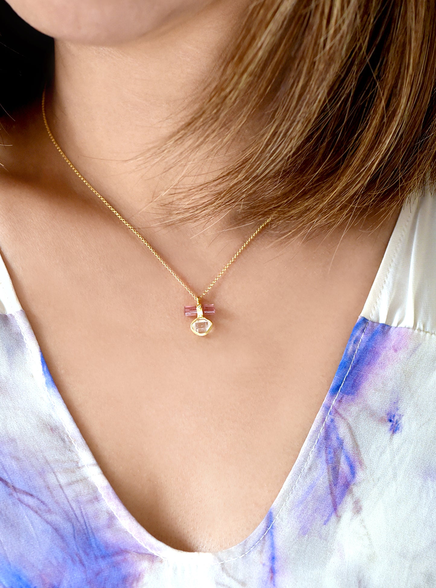 Tourmaline Bar Attached Herkimer Quartz with Diamond Necklace
