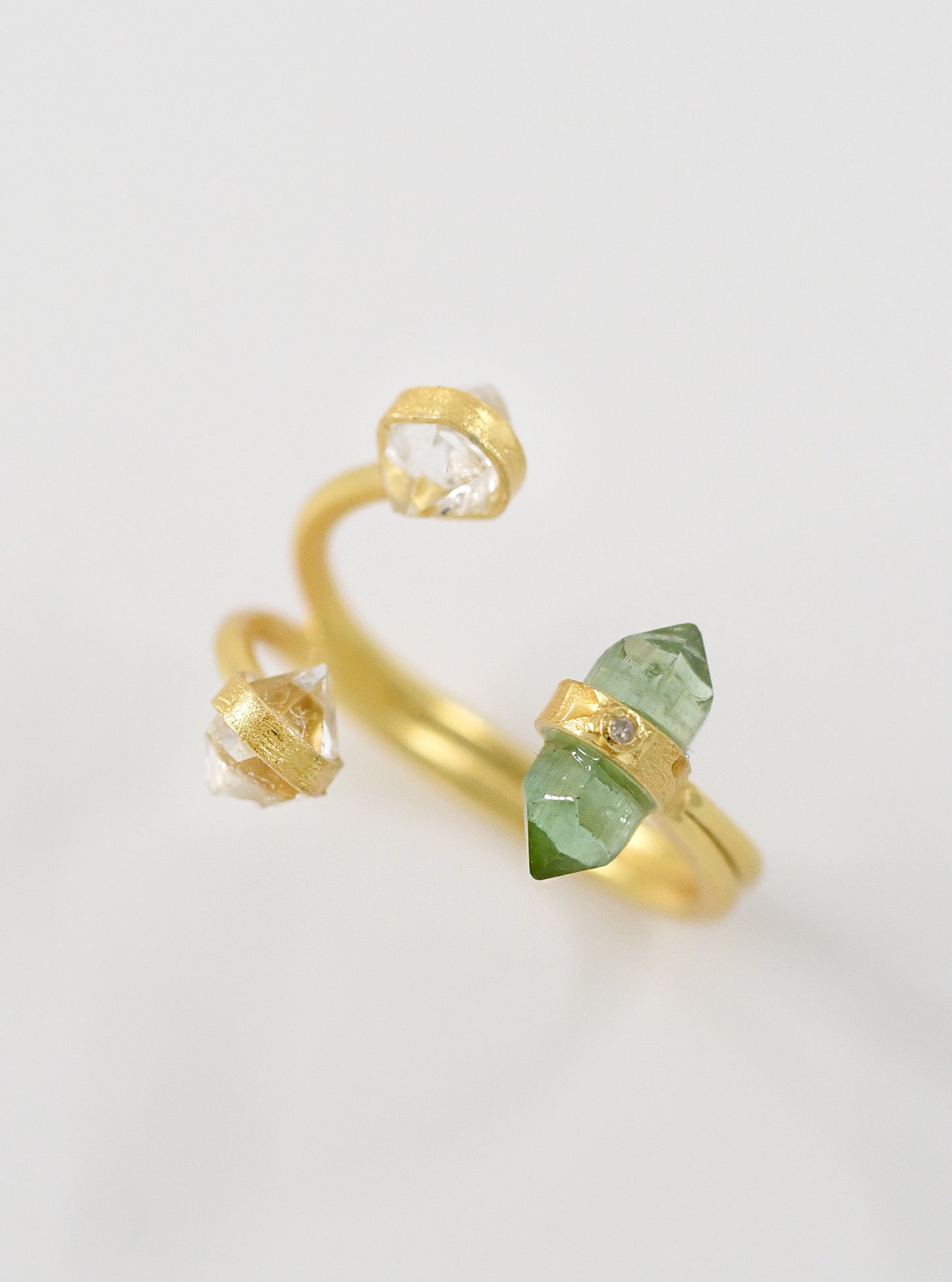 Triple Quartz Herkimer with Tourmaline Diamond Open Ring