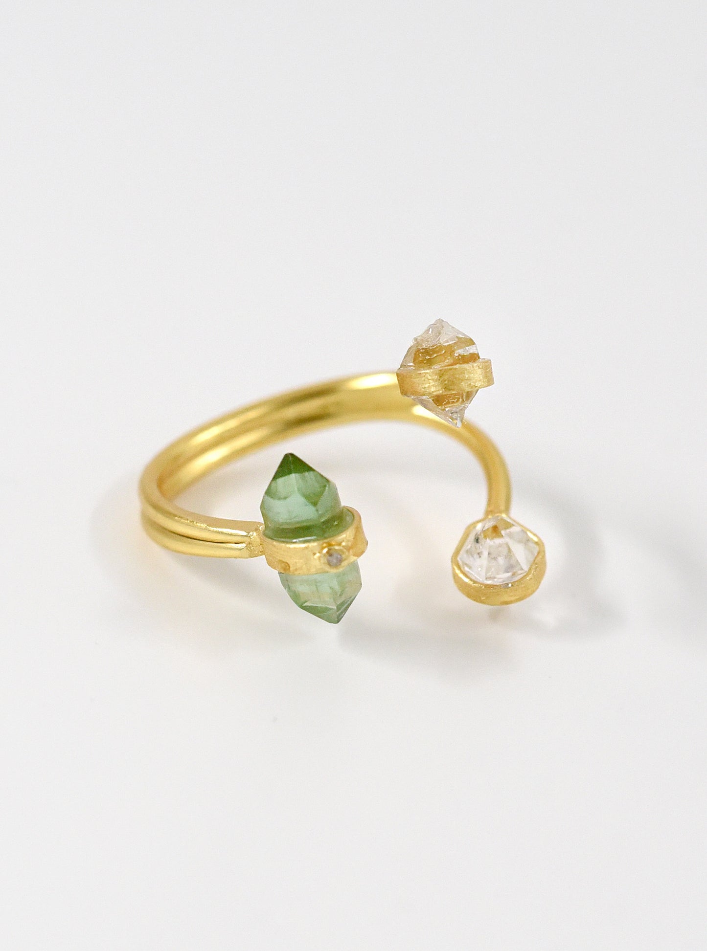 Triple Quartz Herkimer with Tourmaline Diamond Open Ring