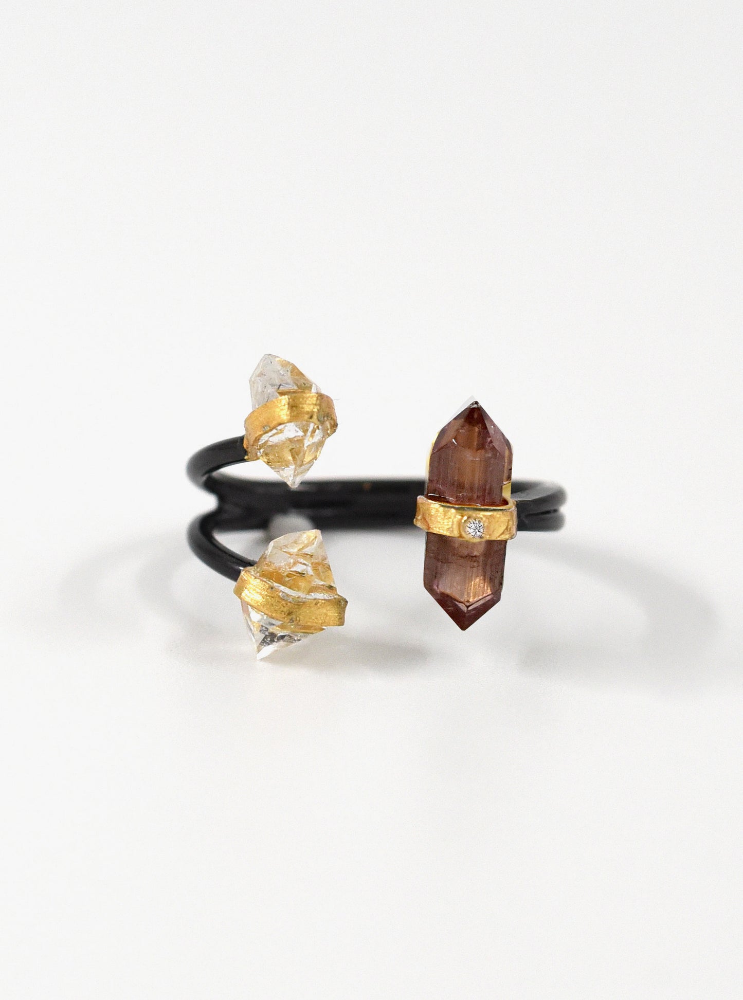 Triple Quartz Herkimer with Tourmaline Diamond Open Ring