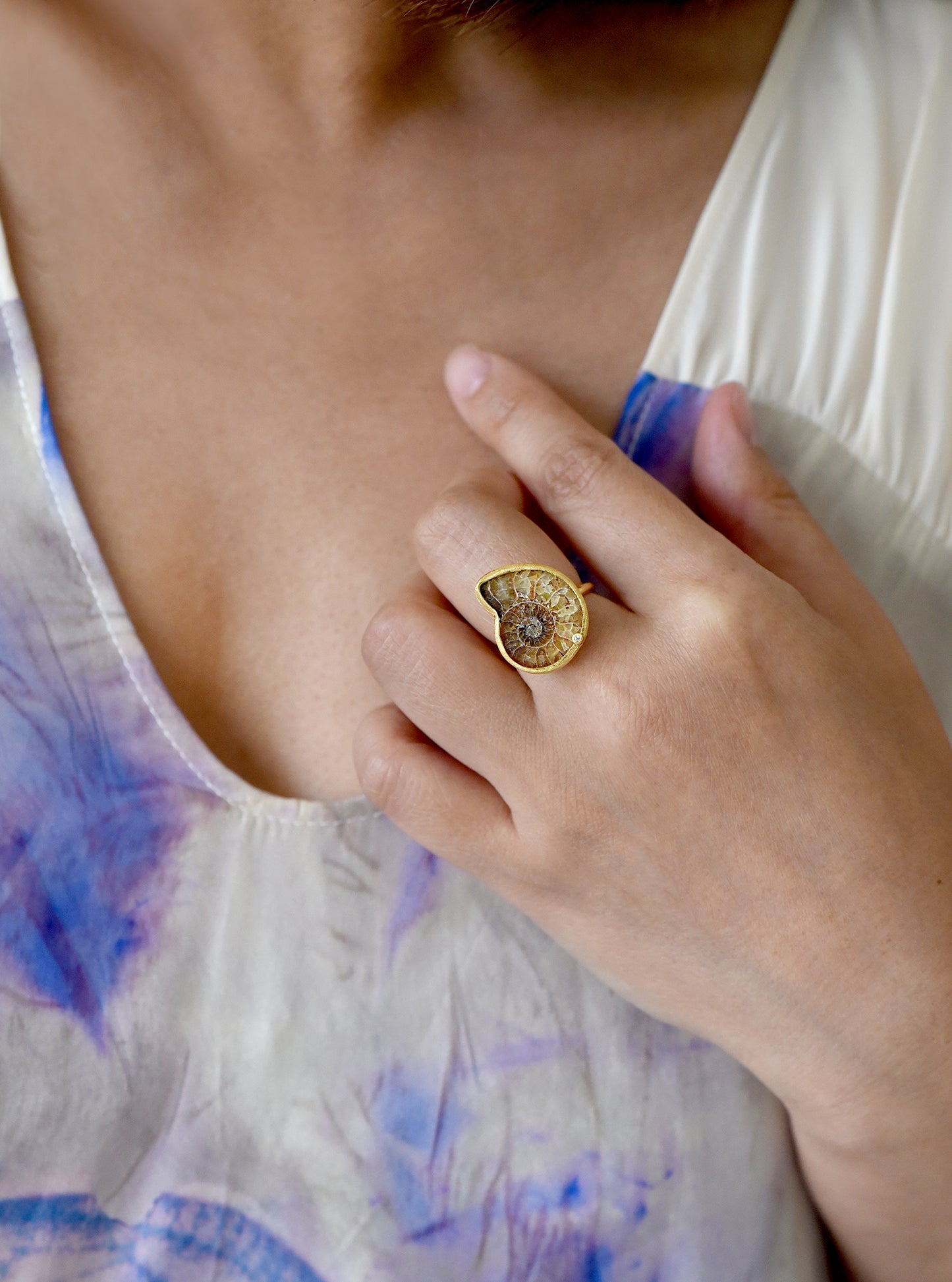 Ammonite with Diamond Adjustable Ring
