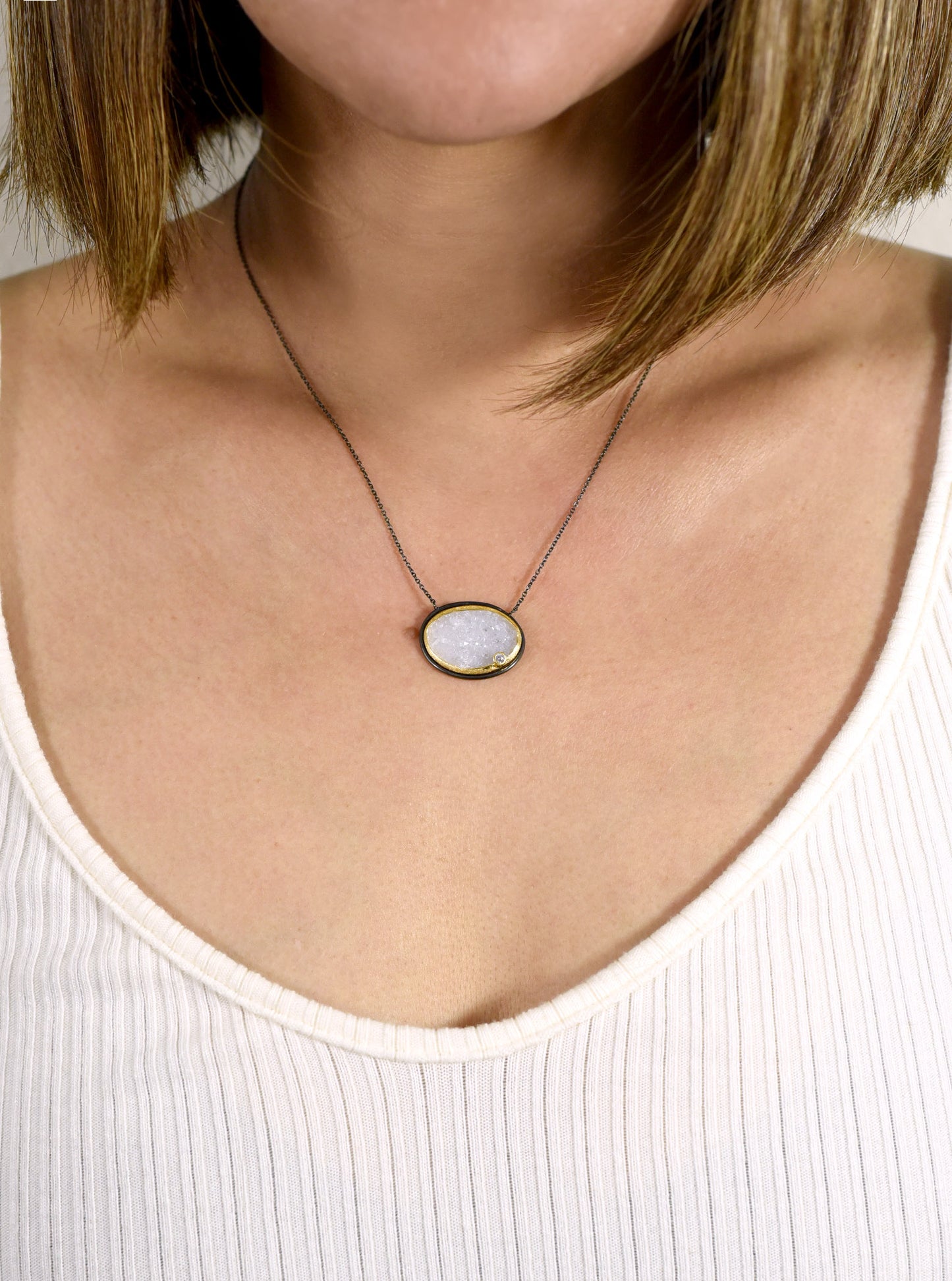 Oval Druzy Necklace with CZ