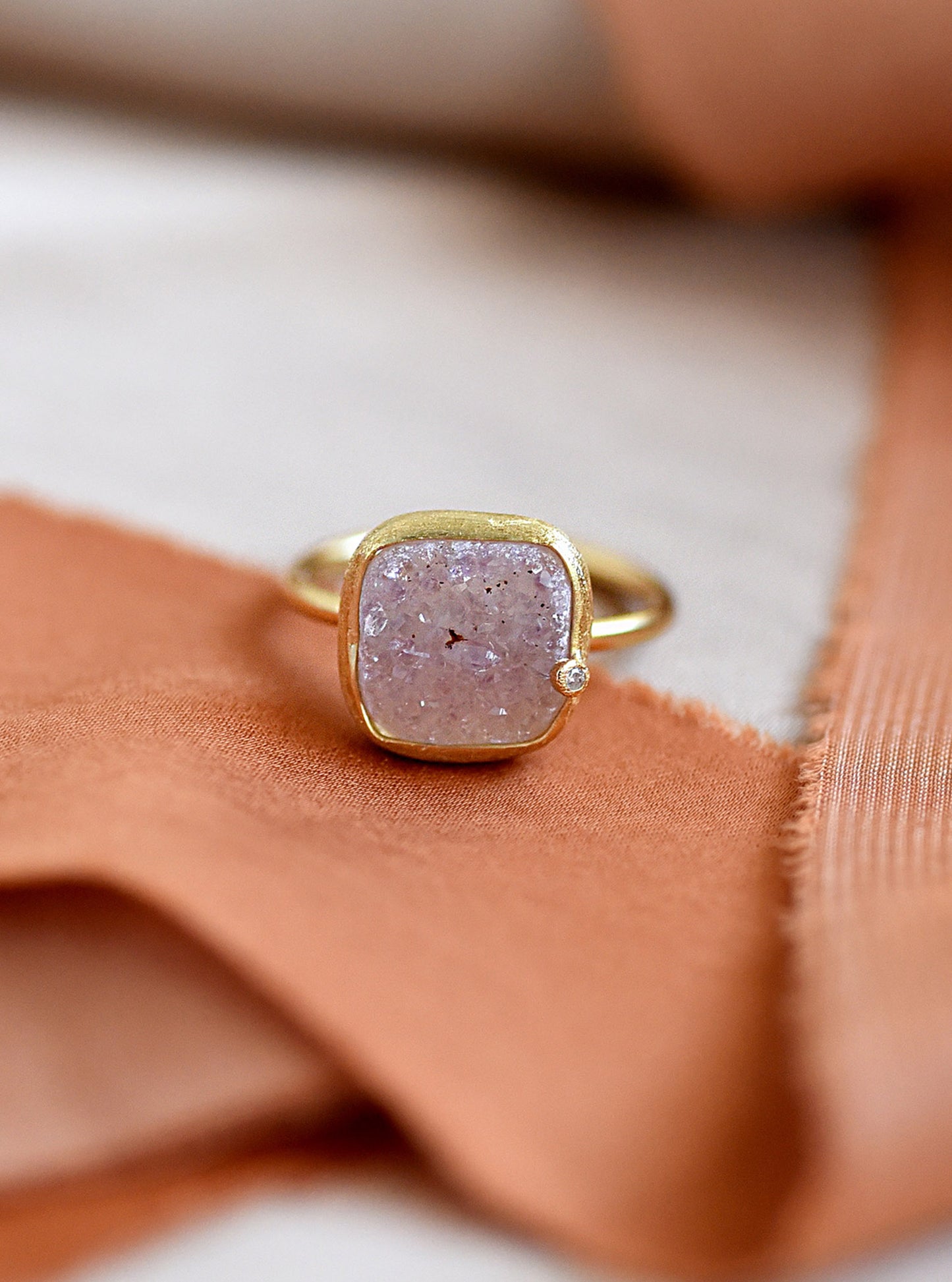 Shining Druzy Cushion Genuine Diamond Ring