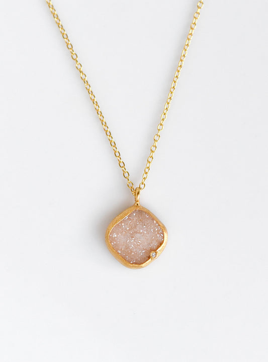 Shining Druzy Small Cushion Genuine Diamond Necklace