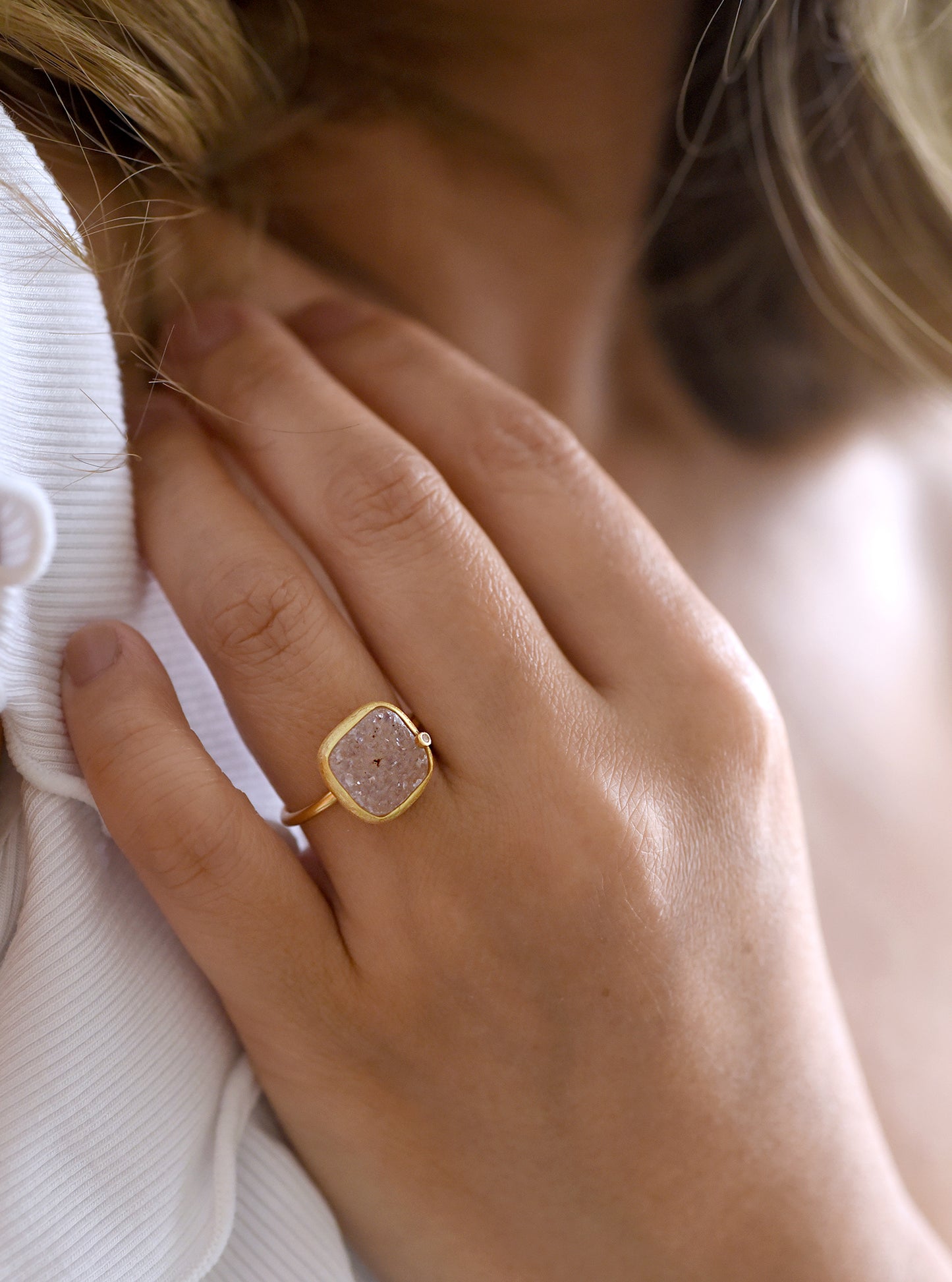 Shining Druzy Cushion Genuine Diamond Ring