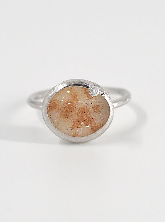Shining Druzy Small Oval With Genuine Diamond Ring
