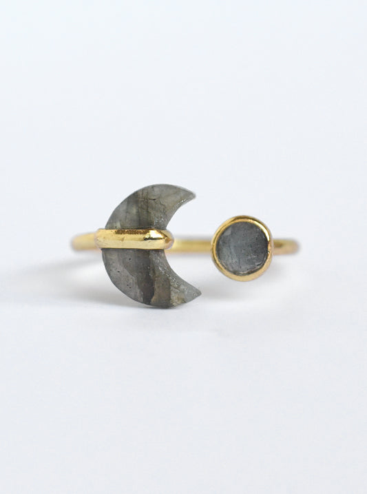 Adjustable Crescent and Round Double Stone Ring