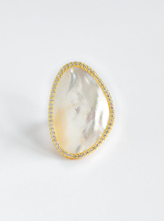 Adjustable 925 Silver CZ Rim Kidney-shaped MOP Ring