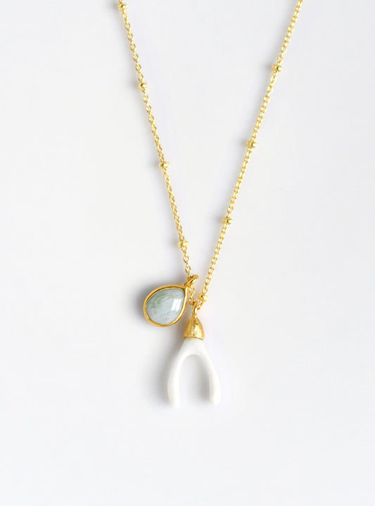 Carved Mini Wishbone and Amazonite Necklace