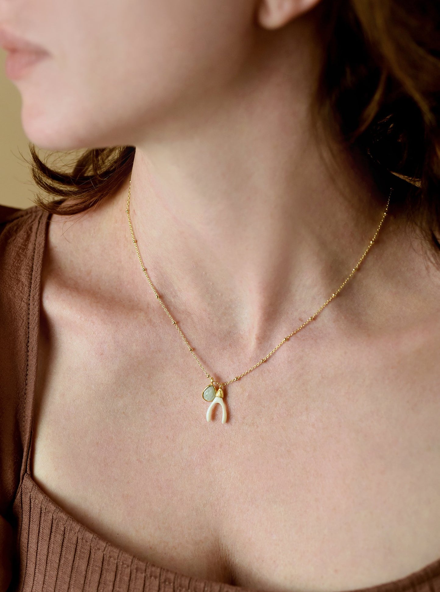 Carved Mini Wishbone and Amazonite Necklace