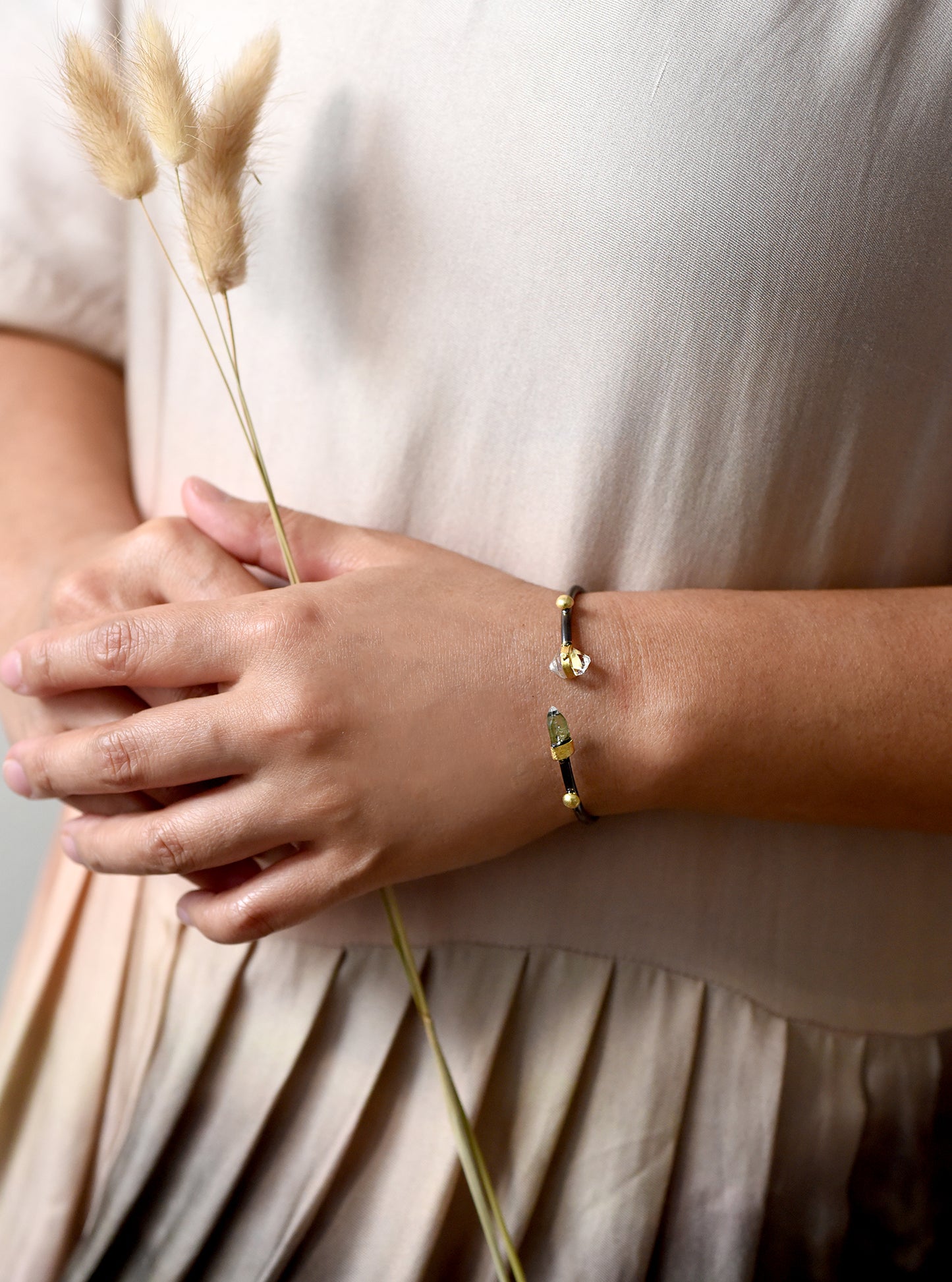 Herkimer Quartz with Tourmaline and Diamond Bangle