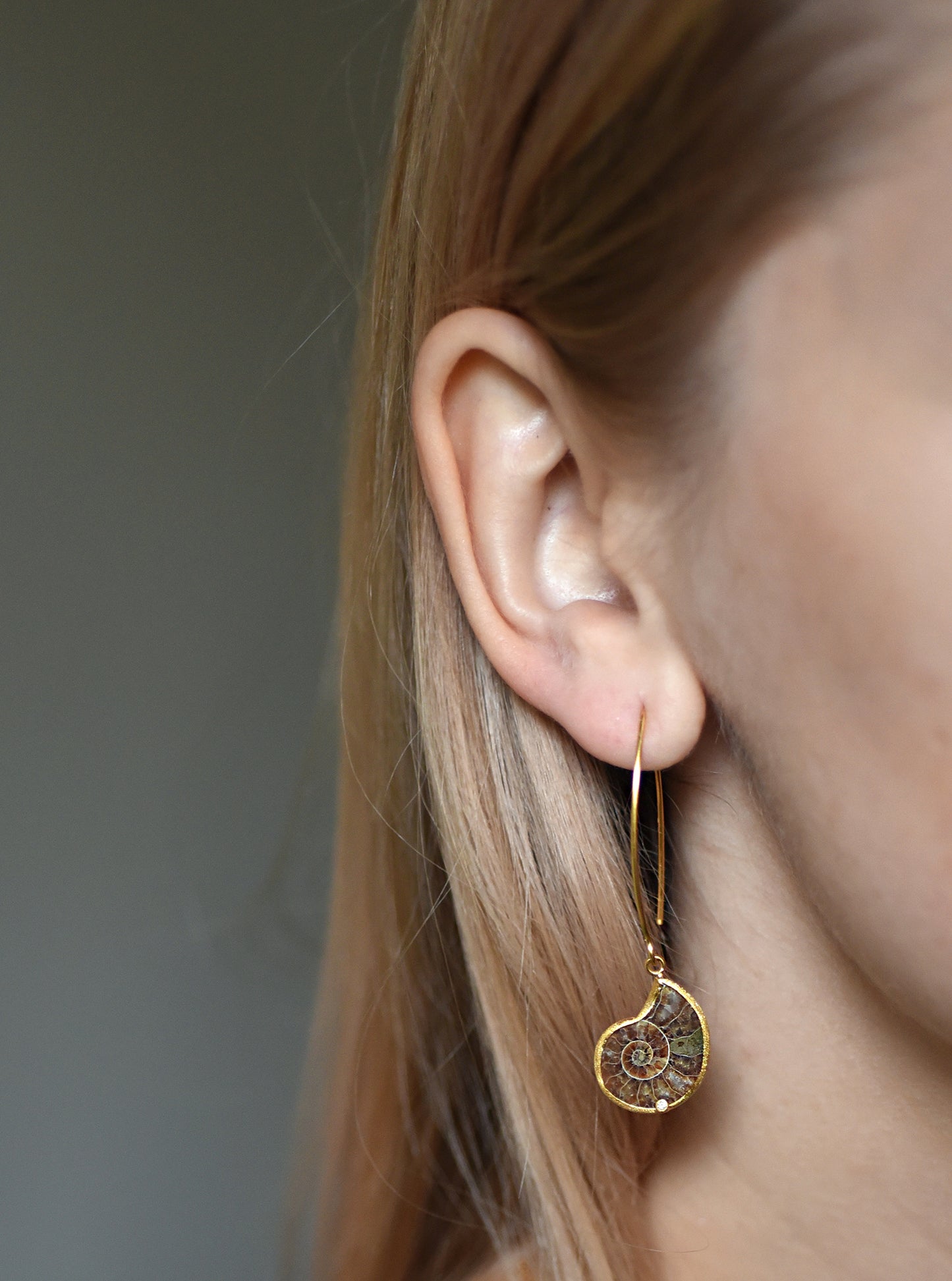 Ammonite With Diamond Long Hook Earring