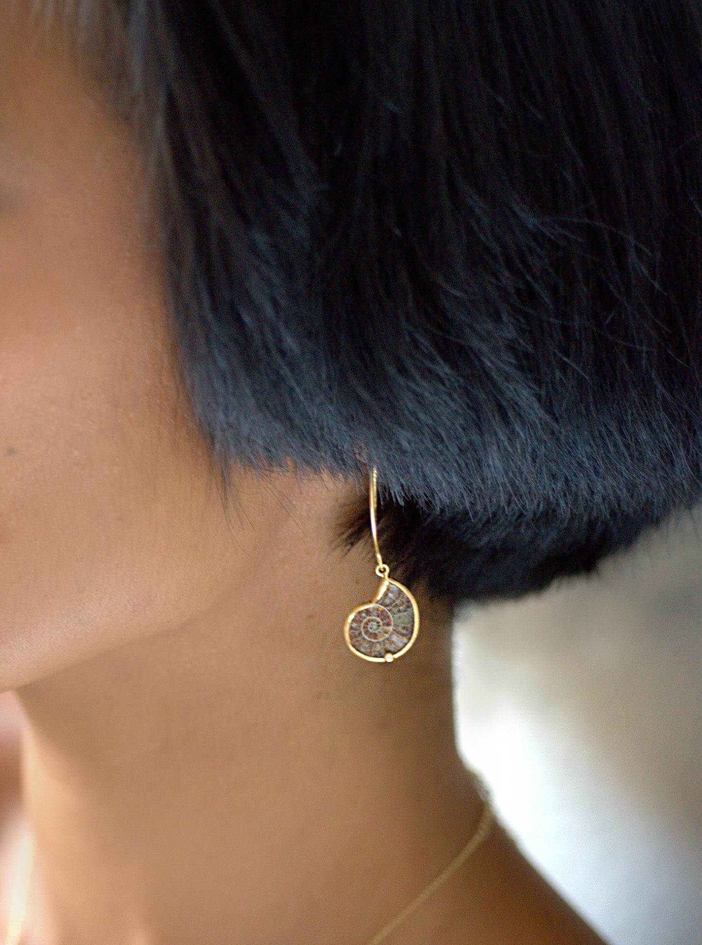 Ammonite With Diamond Long Hook Earring