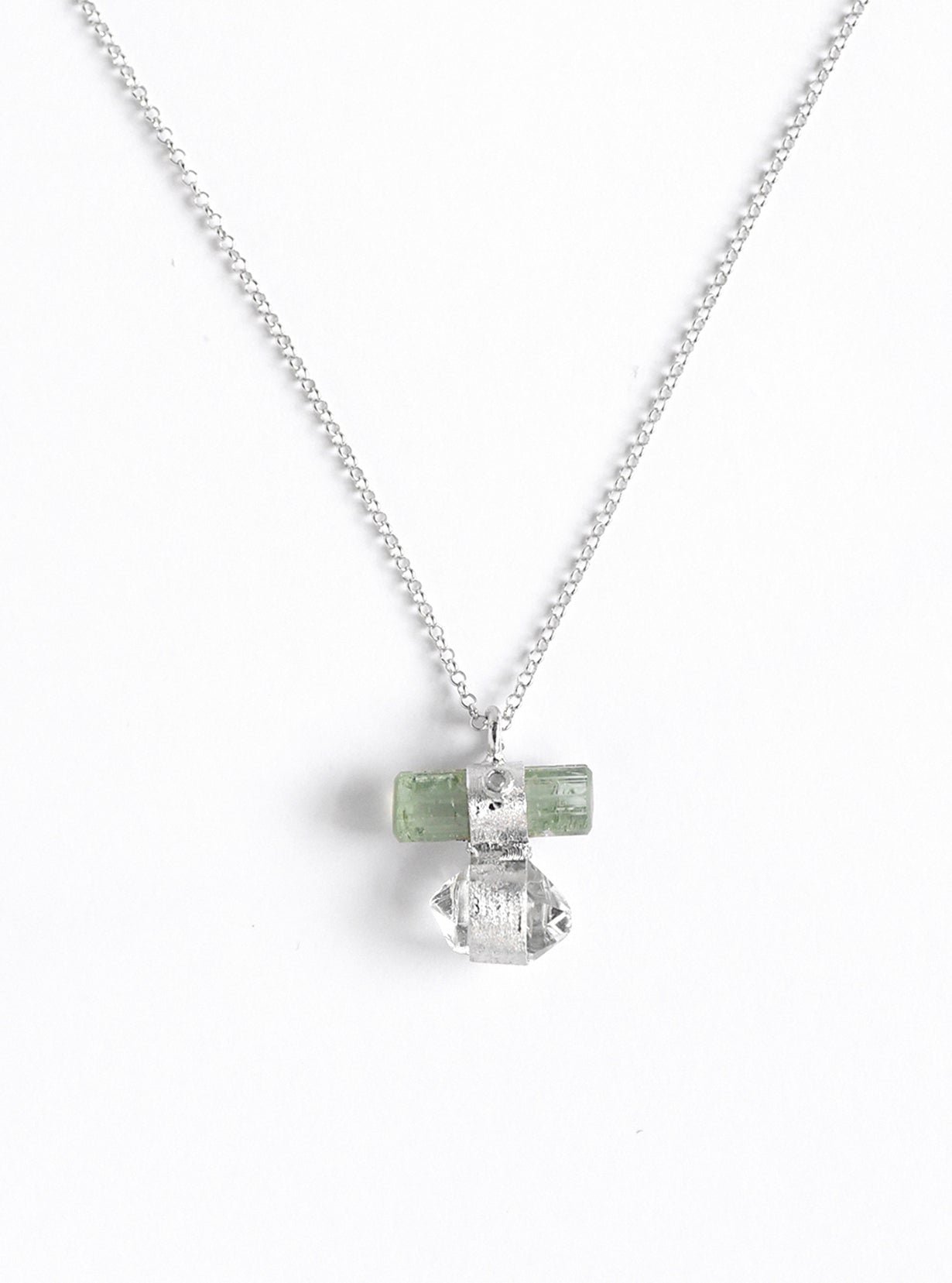 Tourmaline Bar Attached Ponit Herkimer Quartz with Diamond Necklace