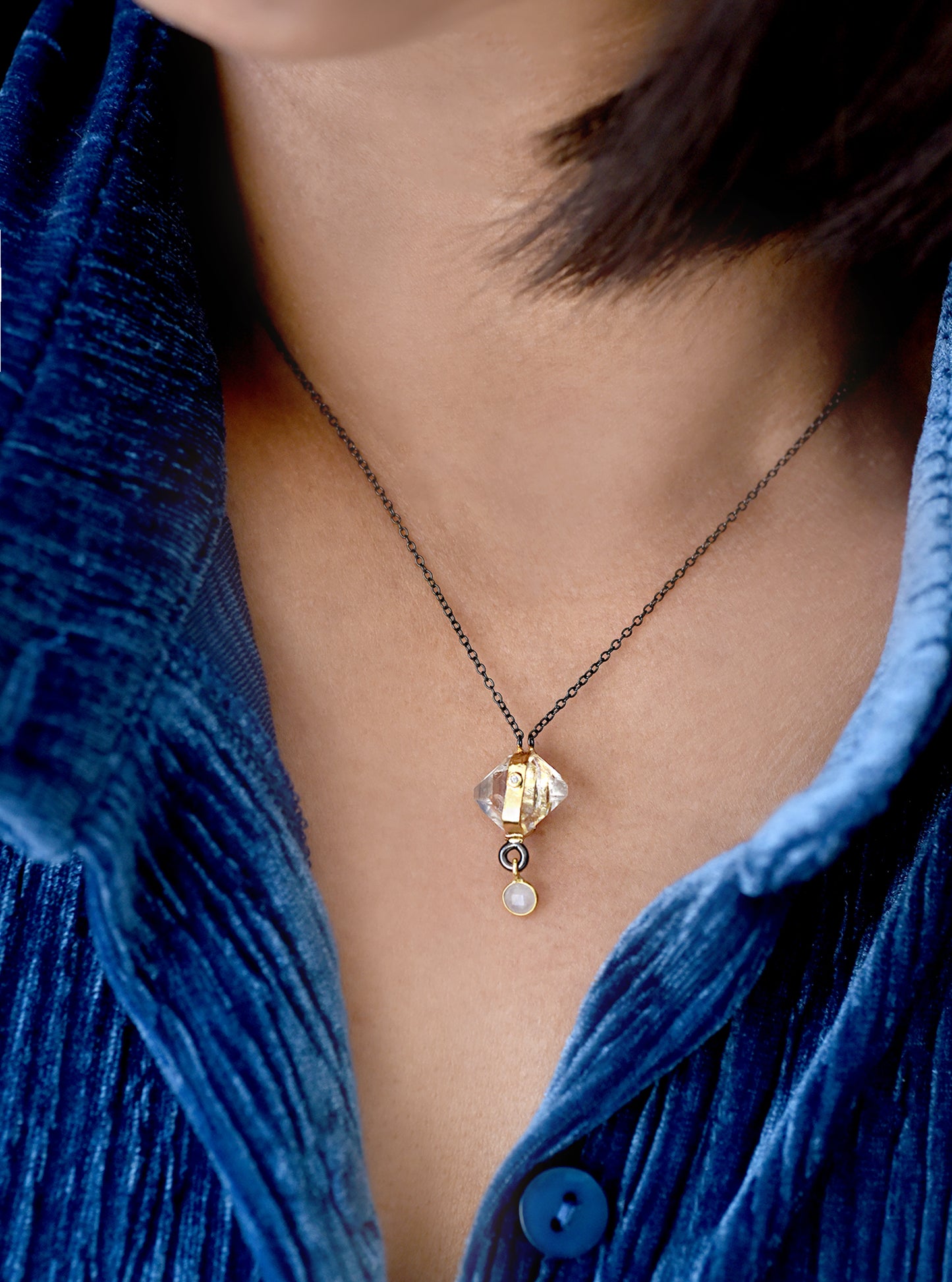 Herkimer Quartz Drop Moonstone with Diamond Necklace