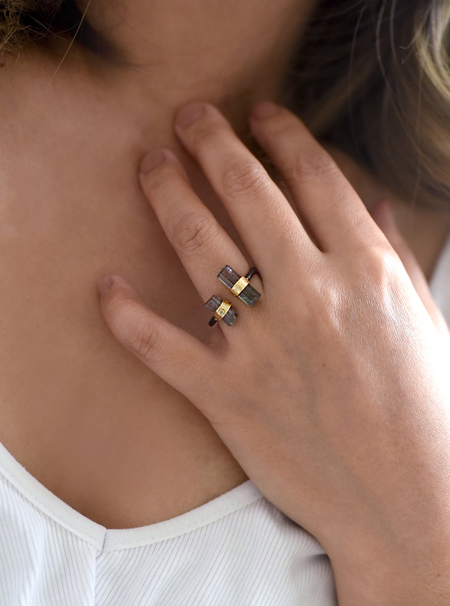 Tourmaline Parallel Double Bar With Diamond Ring