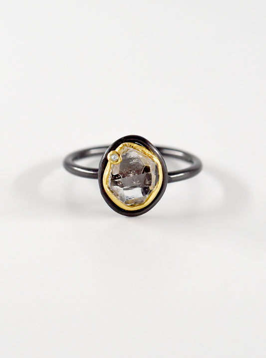 Mini Double Bezel Herkimer Quartz with Diamond Ring