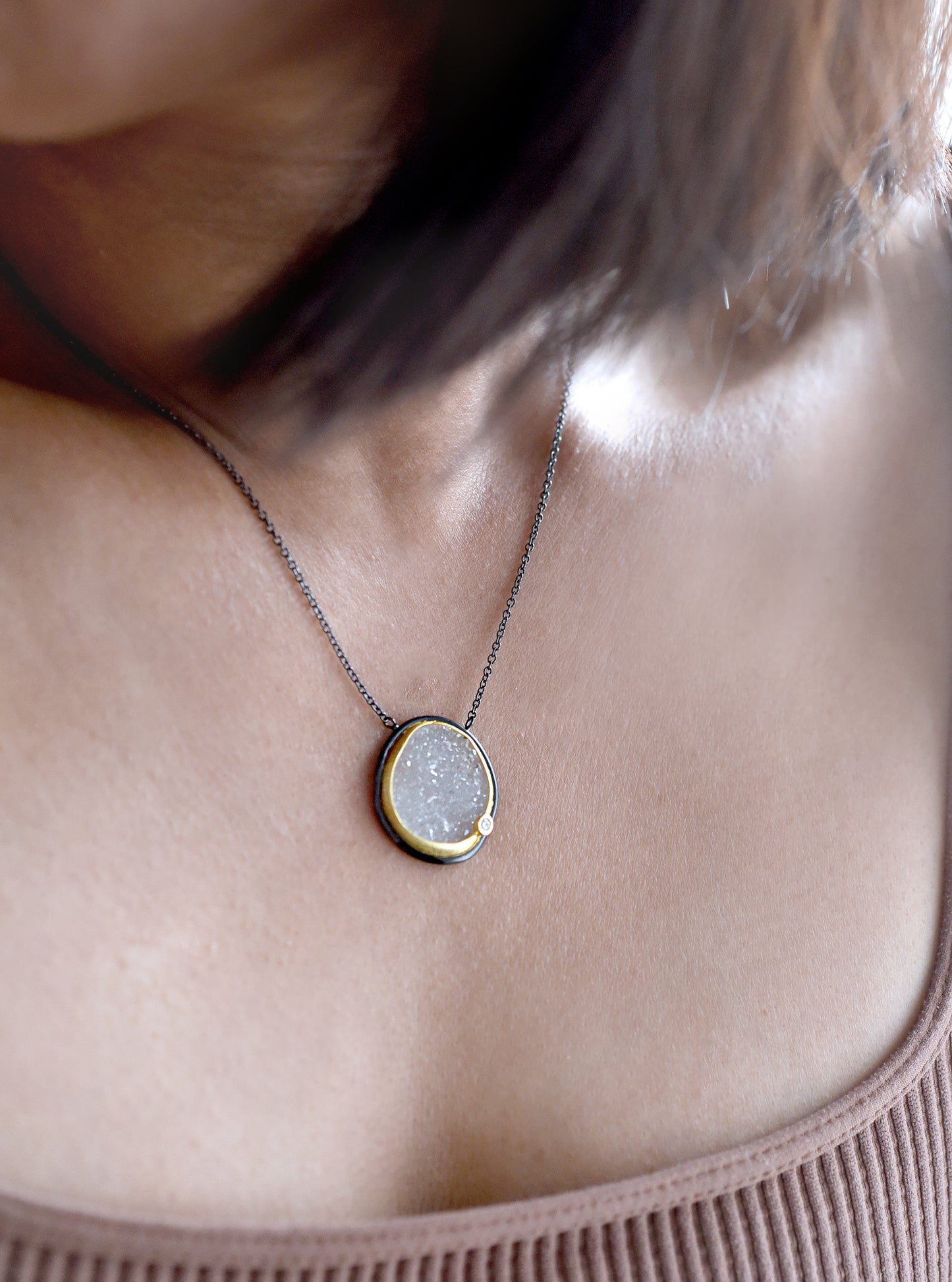 Egg Shape Druzy Necklace with CZ
