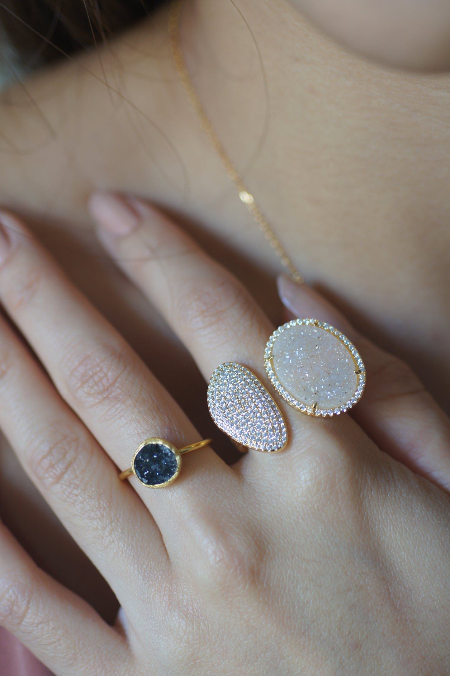 Glitter Druzy Oval and CZ Crescent Double Ring
