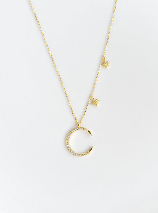 Crescent Moon with 2 Dangling Stars Necklace