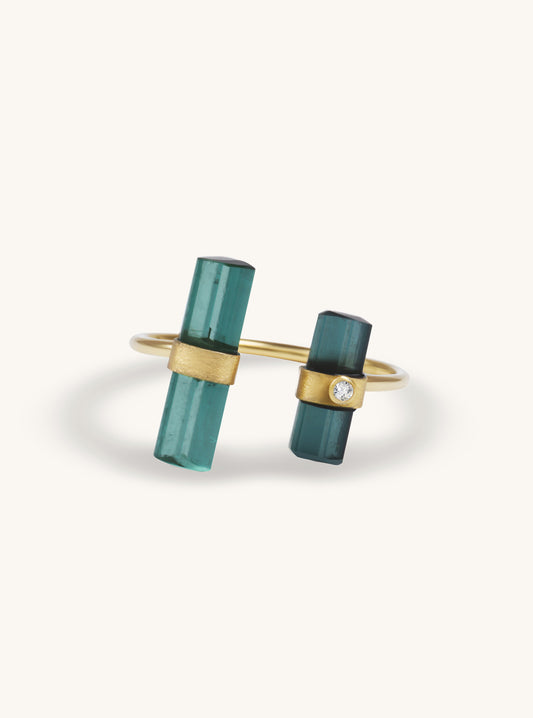 18K Solid Gold Green Tourmaline Double Bar Ring with Diamond