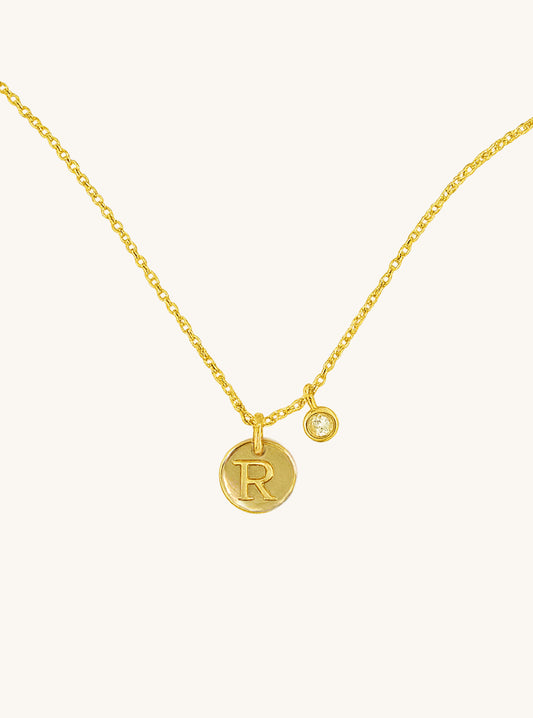 18k Gold Initial Disc with Diamond Charm Necklace