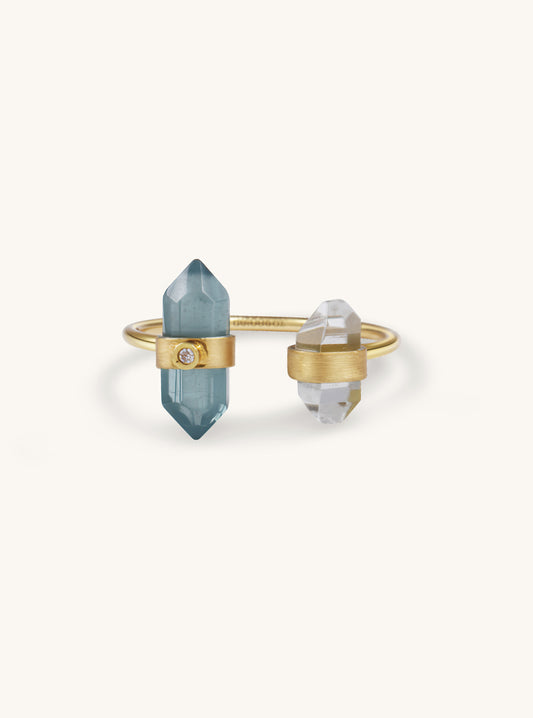18K Solid Gold Green Tourmaline Bar Ring with Diamond