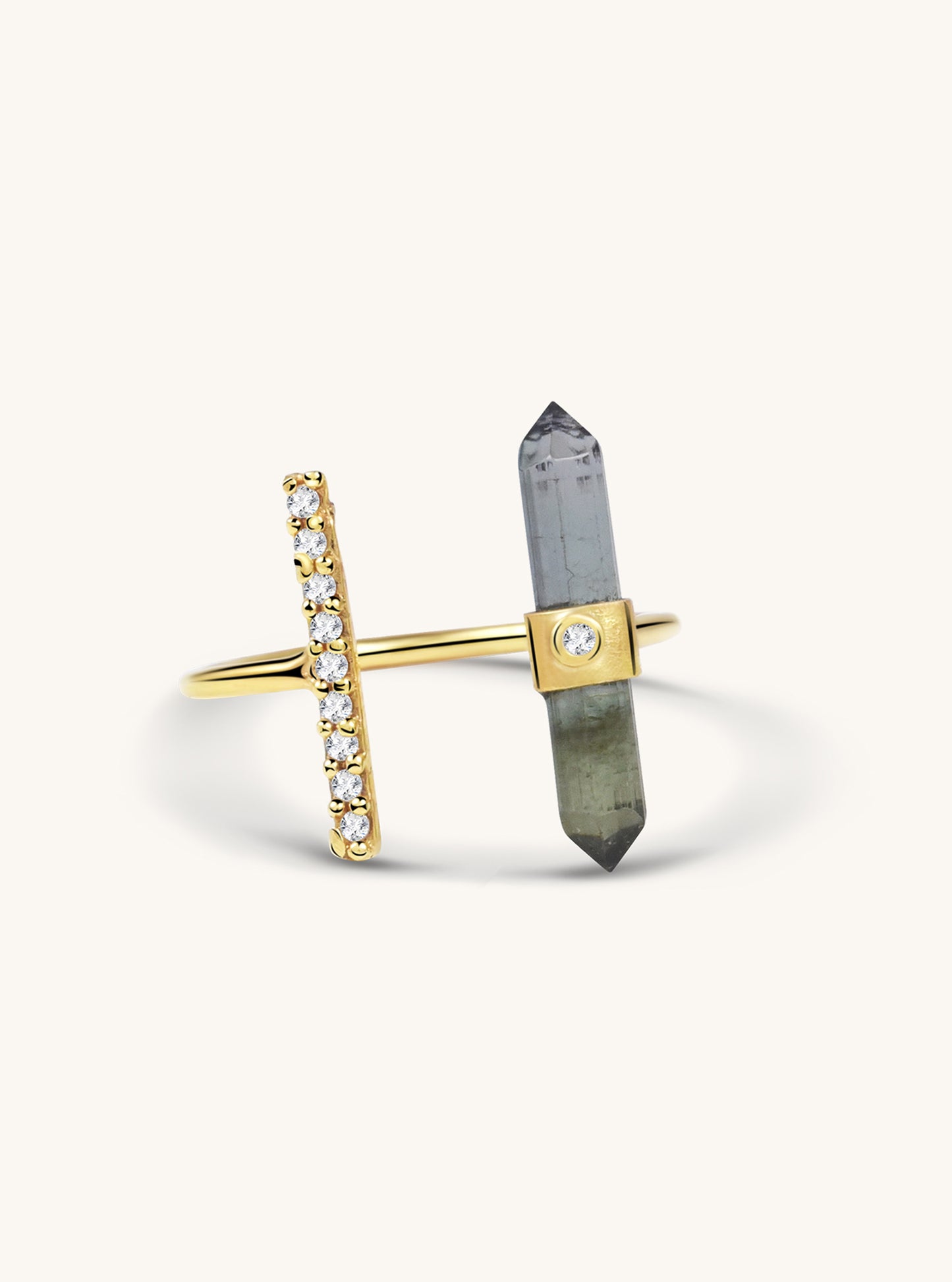 18K Solid Gold Green Tourmaline Bar Ring with Diamond