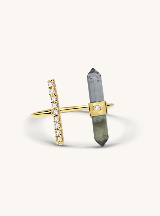 18K Solid Gold Green Tourmaline Bar Ring with Diamond