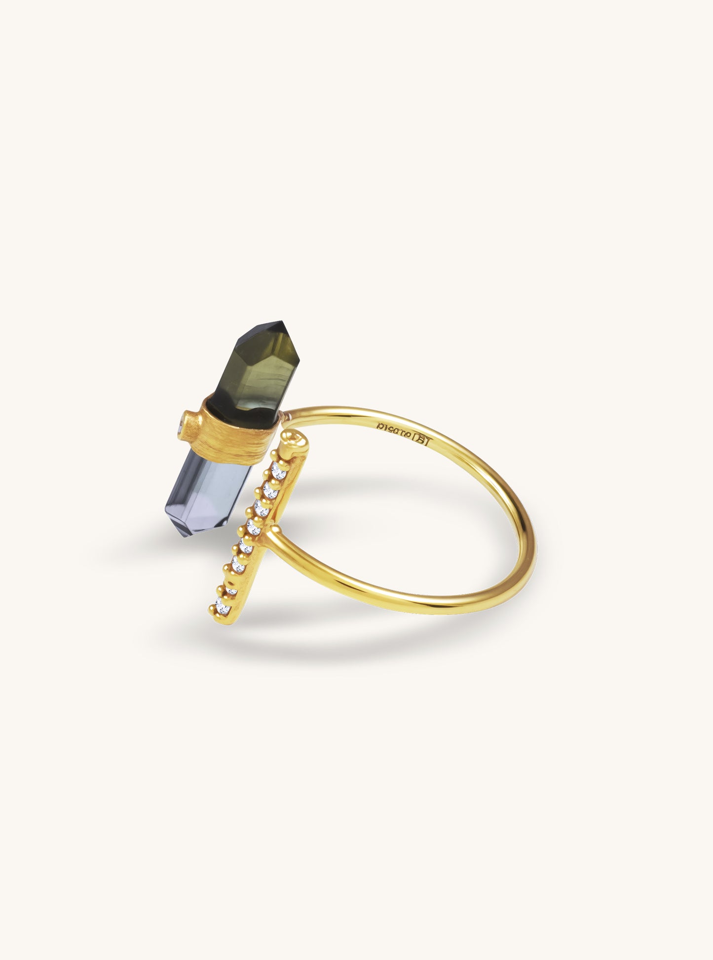 18K Solid Gold Green Tourmaline Bar Ring with Diamond