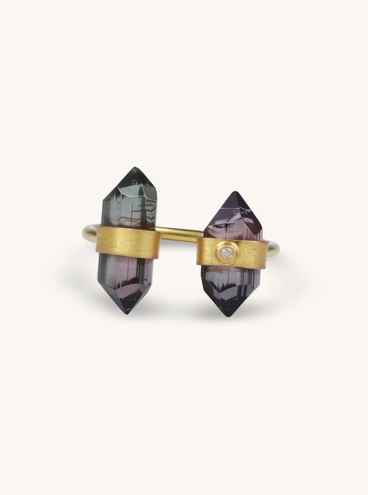 18K Solid Gold watermelon Tourmaline Double Bar Ring with Diamond