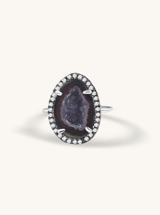 18K  White Gold Geode ring with Pave champagne color Diamond