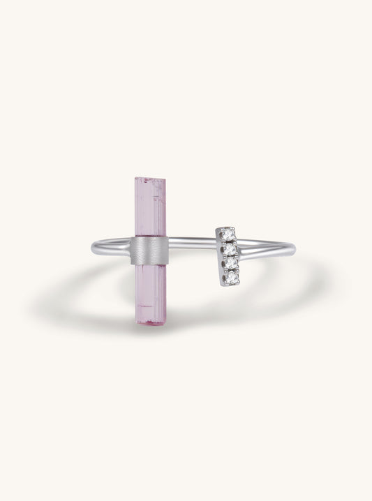 18K Solid Gold Pink Tourmaline Bar Ring with Diamond