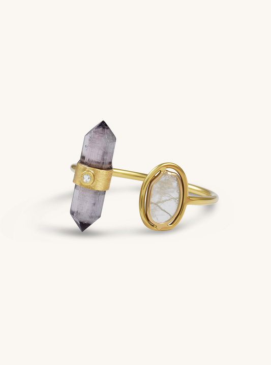 18K Solid Gold Natural Tourmaline with Diamond Slice Ring