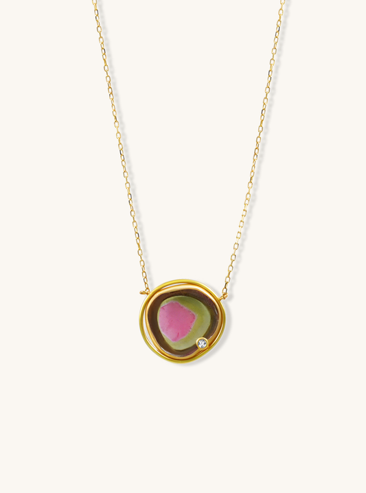 18K Gold Watermelon Tourmaline Necklace with Diamond