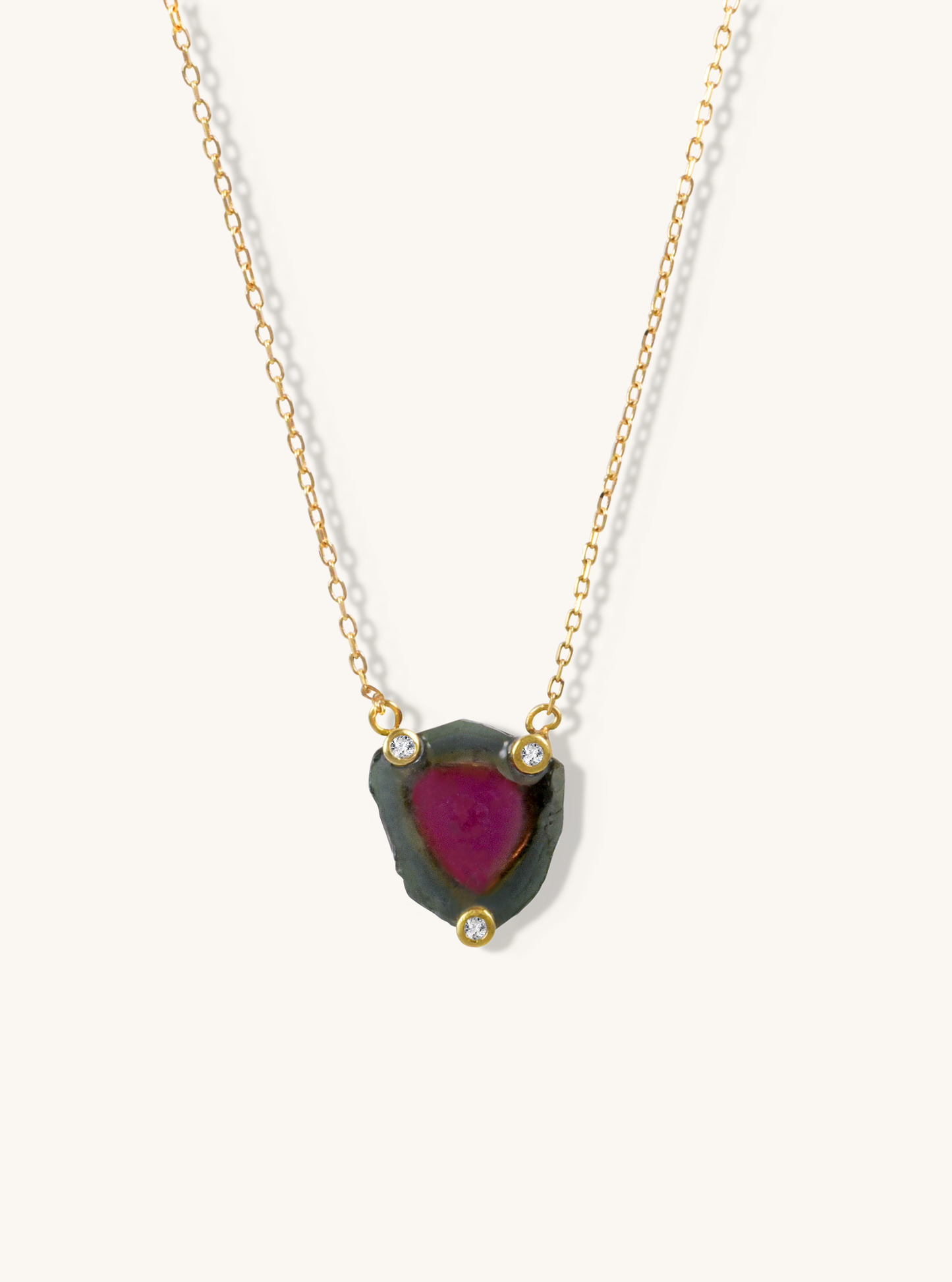18K Gold Watermelon Tourmaline Slice Necklace with Diamond